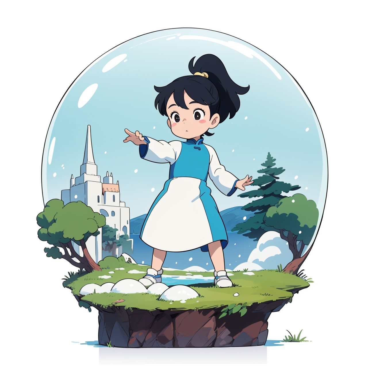 ((sticker design, white background)),  child girl, bubble ponytail, ((aodai)) , (masterpiece, best quality:1.6), ghibli, Snowing, The Salt Lake Temple, action pose, Sculptural, 