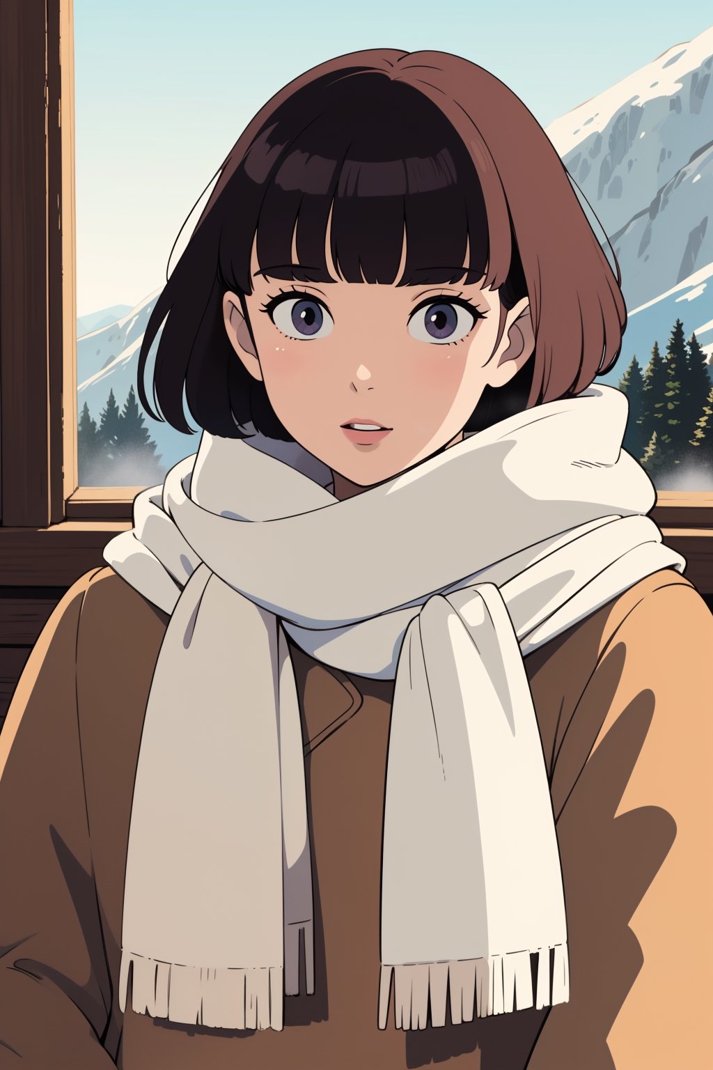 lady, blunt bangs, Cashmere Scarf , (masterpiece, best quality:1.6), art by devinellekurtz, winter, The Scottish Highlands, drawing, warlock