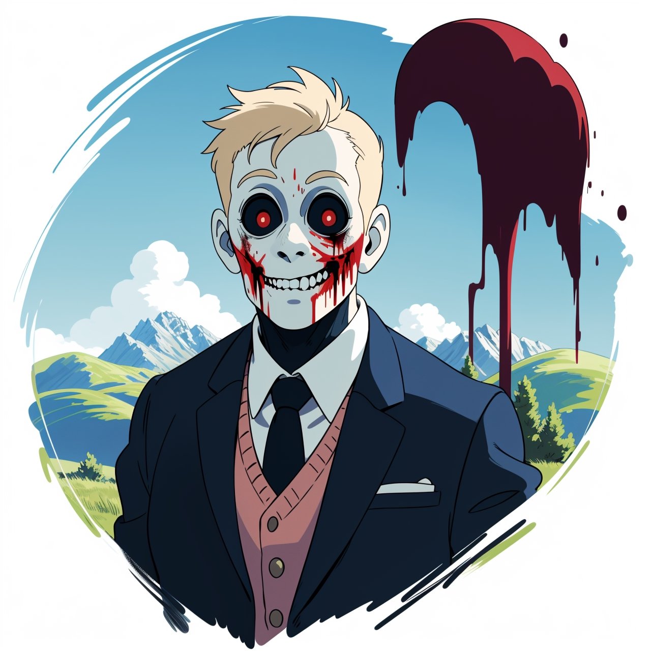 ((sticker design, white background)),  old man, fade, classic suit with a patterned pocket square., (masterpiece, best quality:1.6), ghibli, Hazy conditions, The Grand Tetons, fishing, Disruptive, (horror style:1.4), blood, 