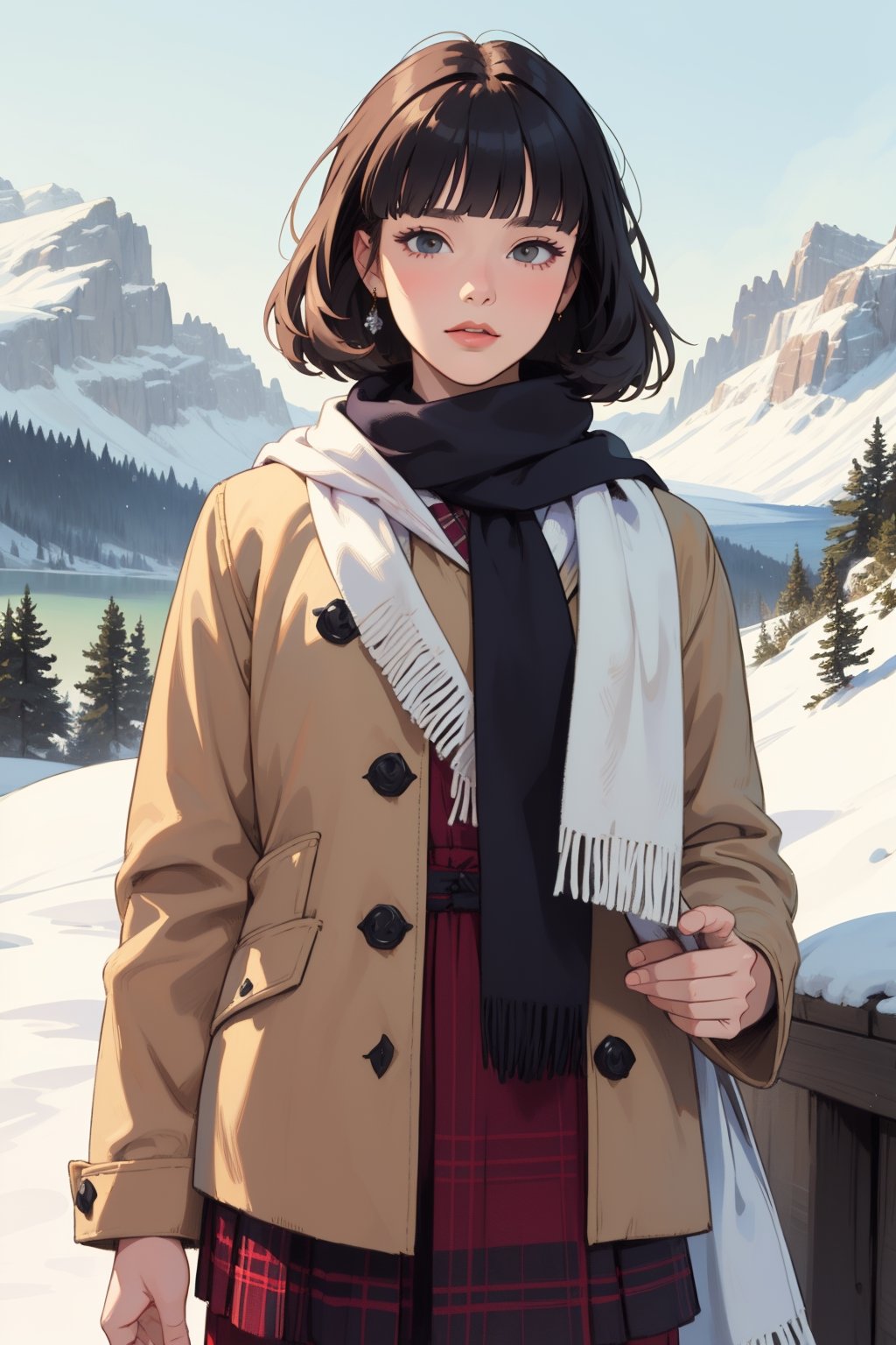 lady, blunt bangs, Cashmere Scarf , (masterpiece, best quality:1.6), art by devinellekurtz, winter, The Scottish Highlands, drawing, warlock