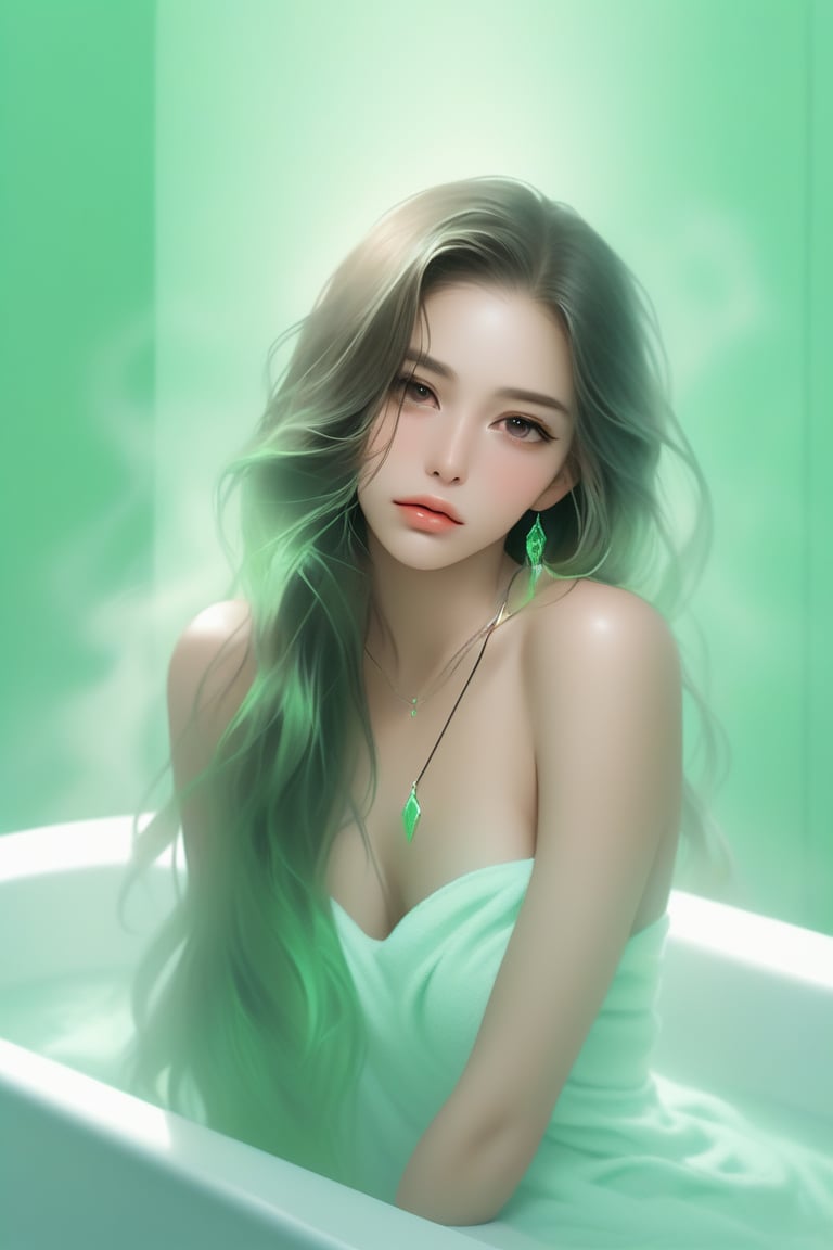 bare shoulder,sexy, cleavage,1 girl,portrait, long hair,simple background, (masterpiece,best quality),lips, spark ,niji style, towel,  necklace, realistic,in the bathroom, steamy, steam , sad,Mint green gradient background