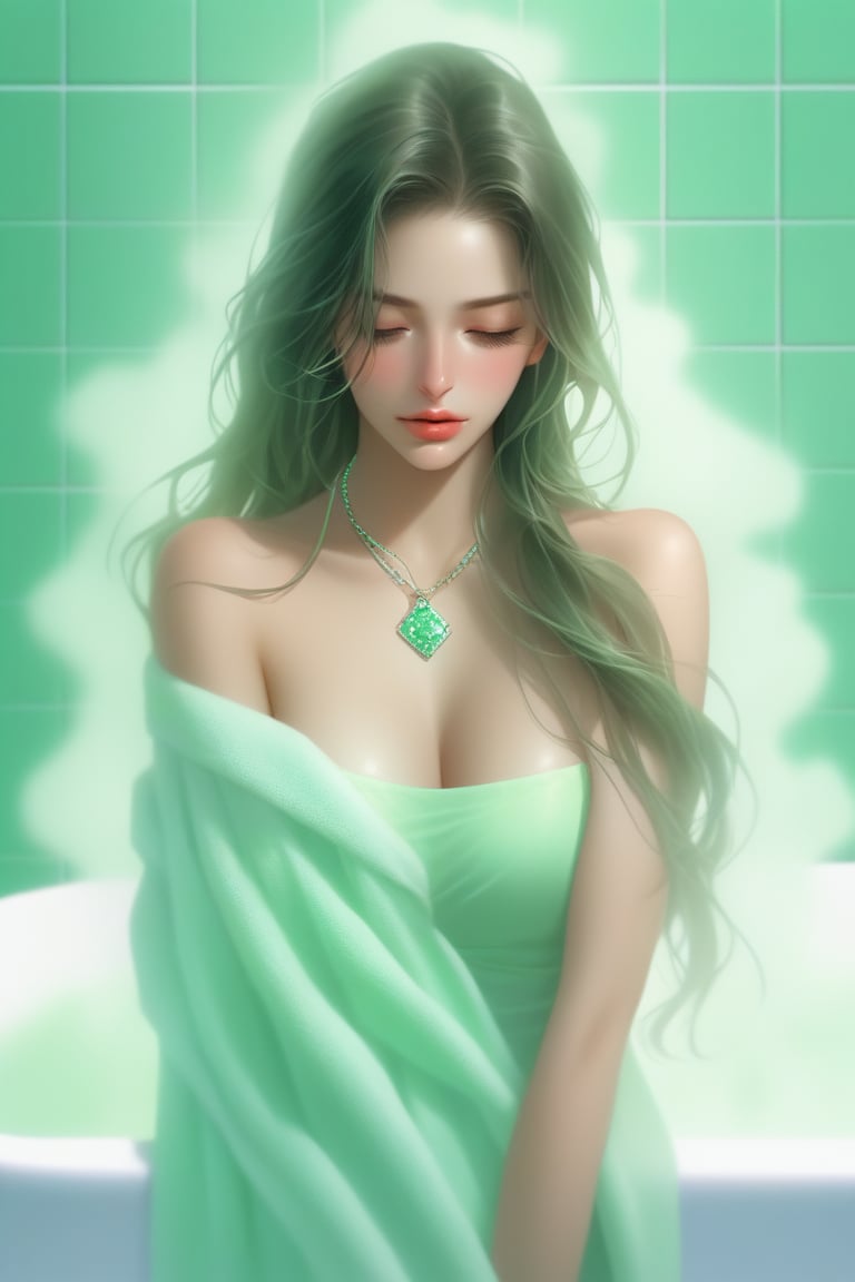 bare shoulder,sexy, cleavage,1 girl,portrait, long hair,simple background, (masterpiece,best quality),lips, spark ,niji style, towel,  necklace, realistic,in the bathroom, steamy, steam , sad,Mint green gradient background
