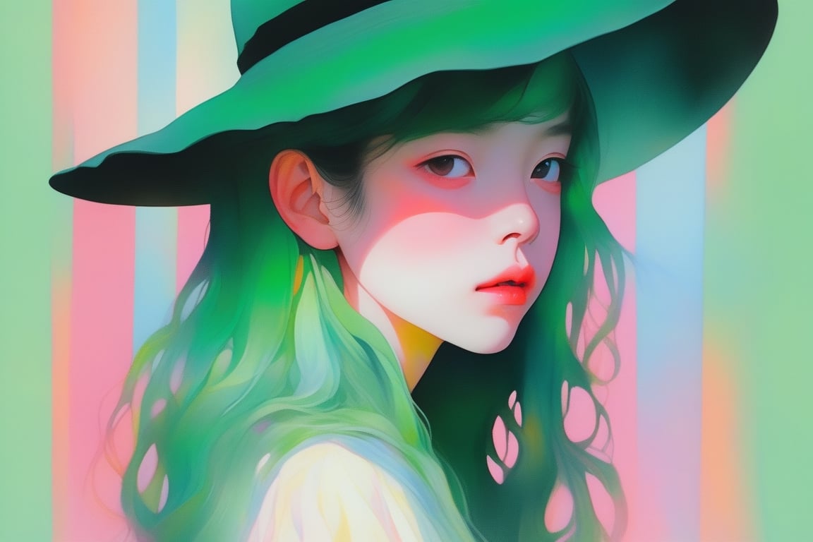 acrylic ,realistic ,(childen girl ),portrait,lip, panama hat,Palace, Shanghai,Colorful gradient background, deep green hair,Long hair, Distorted , (masterpiece,best quality,niji style)