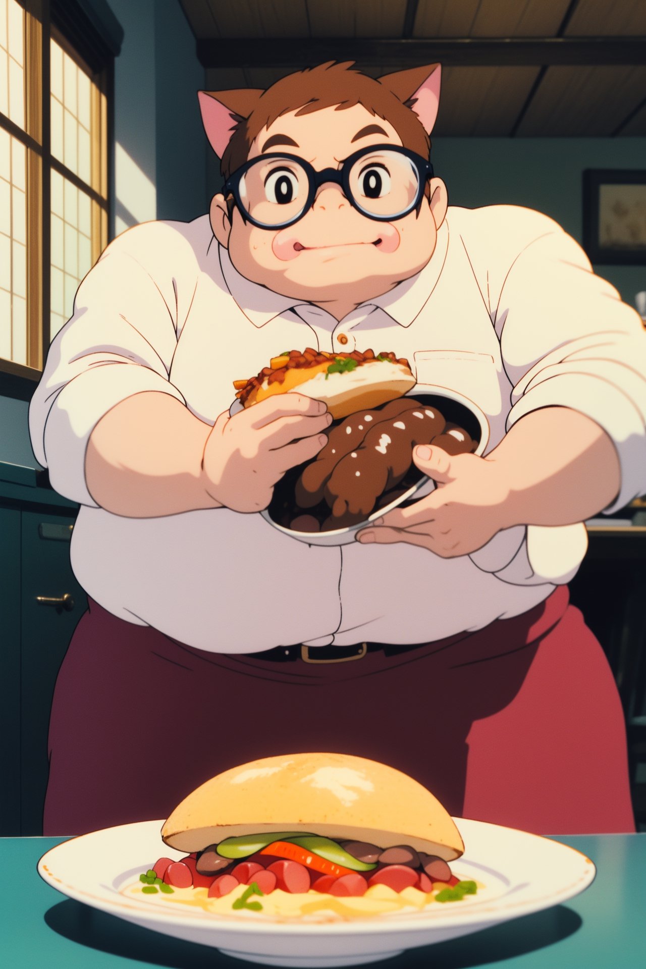 ghibli, fat cat 🥴, fantasy, light magic,wear glasses,messy food (masterpiece,best quality:1.5)