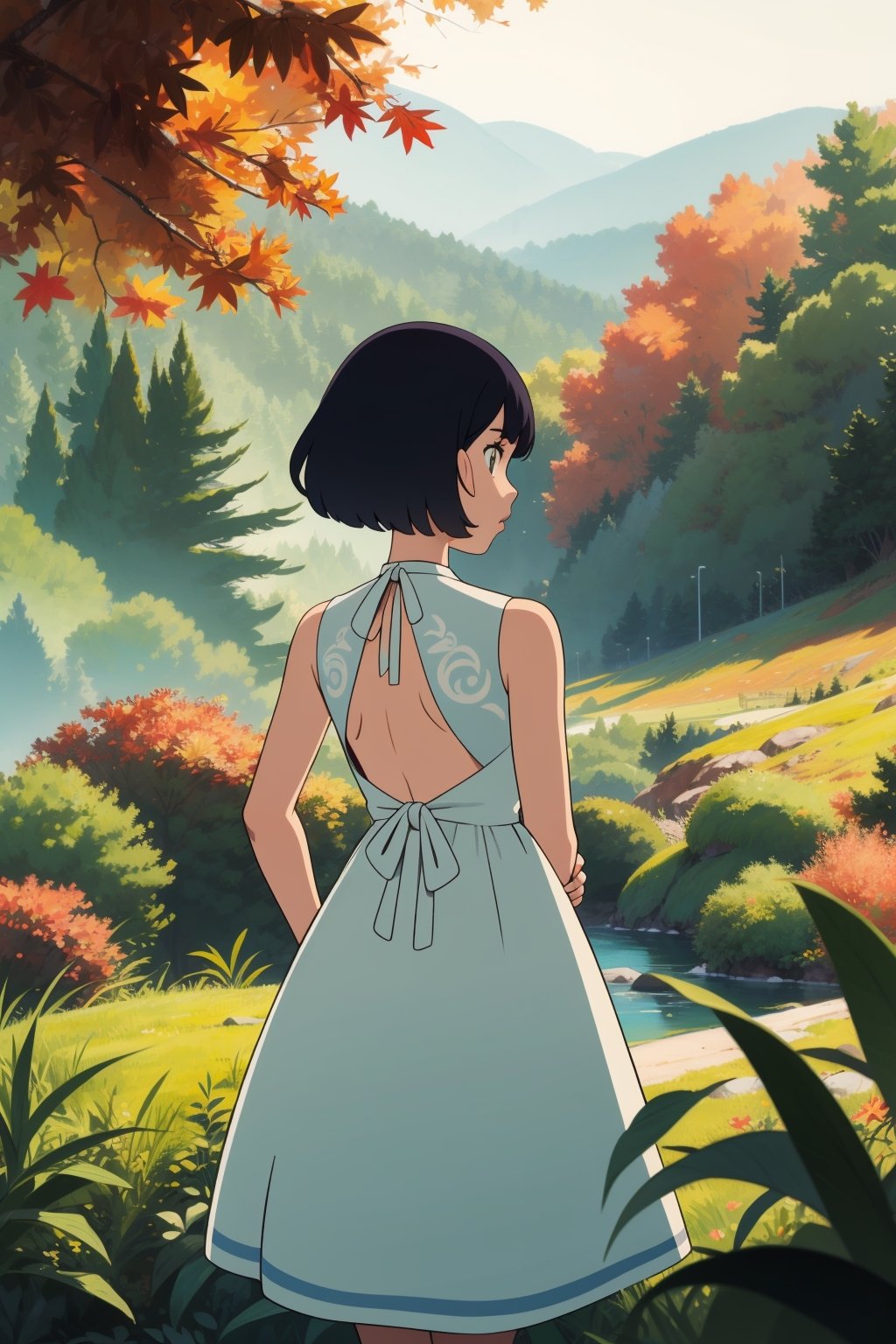 lady, blunt cut, backless dress , (masterpiece, best quality:1.6), ghibli, fall, The Amazon Rainforest, South America, snow