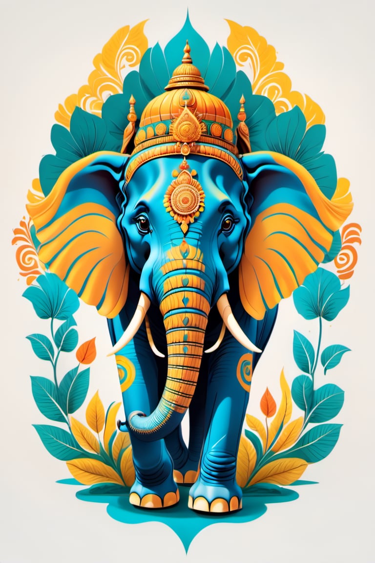 Paint a picture of Indian wildife. Incorporate elements like an Asian elephant along with natural elements like rivers, snow capped mountains, forests, elephants, tigers etc to create a unique and intricate design, symmetrical,perfect_symmetry,Leonardo Style,oni style, line_art,3d style, white background