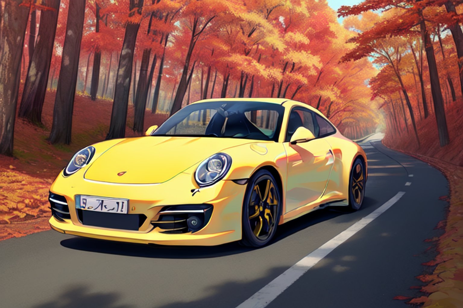 A yellow Porsche 911 parked on a brown twisty road, the car should be facing the screen at a 60 degree angle, location is a maple forest in fall colours, varying shades of blue hills in the background