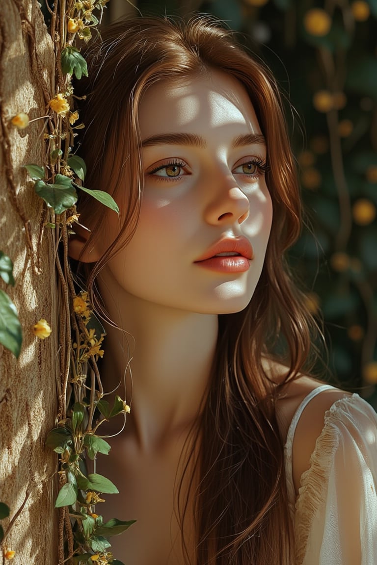 Hyperrealism of a beautiful young woman with long honey brown hair, an attractive face, leaning her head against an old flowery straw wall, and ivy plants grow on the wall, and ivy branches grow from the wall into the woman's hair, and small yellow flowers grow on the woman's hair.  She looks lovingly at the plant crawling in her hair. The beautiful sunlight shines on the woman's face and makes her skin shine