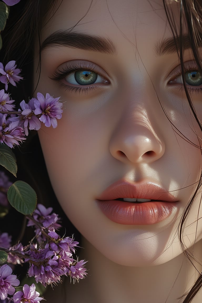 Hyper realism portrait of a beautiful young woman with a bony face shape, big jade green eyes, a small nose and prominent and attractive lips, she has lip gloss on her lips, and her eyes are lined with shiny purple wreaths, long brown hair is left in the wind, a branch woman  He is holding a long purple rose in his hand and the long branches of the flower are resting on his neck and shoulders. The sunlight shines on the woman's face and hair from the right side of the picture.