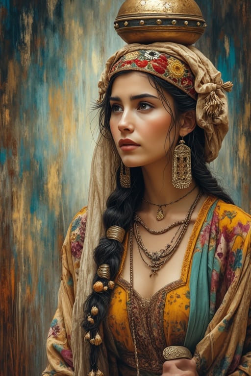 Hyper realism. A beautiful young Iranian village woman wearing a Turkmen floral headscarf is carrying a large clay pot full of colorful flowers and wheat on her head. The woman has long braided hair and brass and bronze ornaments are tied in her hair. She is wearing traditional and local clothes.  has