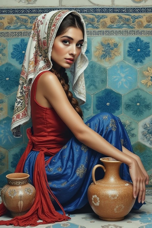 Hyper realism, a beautiful young woman is sitting in a space with Iranian tiling, she has long braided hair and a traditional Iranian dress, a handkerchief with Iranian motifs is tied on her head, she can be seen around jars and old pottery, the woman's big dark eyes are looking around with a waiting look.  does