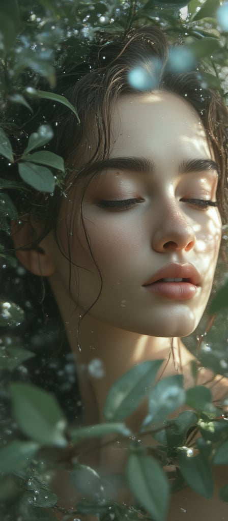 Poetic hyper realism of beautiful young woman relaxing under dew drops listening to birdsong