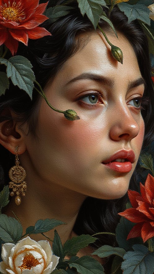 Hyper-realistic close-up of a beautiful young woman's face in Khatai flowers and lotuses of an Iranian carpet. The woman's face is mixed in the patterns of the Iranian carpet and the beautiful black hair of the woman can be seen in the branch of the leaves of the wrapped flowers of the carpet, the prominent and three-dimensional carpet patterns