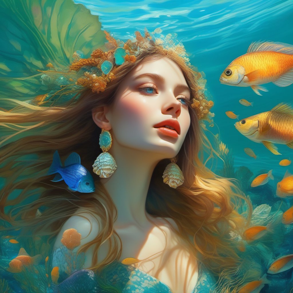 Close-up of a beautiful young woman, her face is half a fish and half a human, the space under the ocean, the queen of fishes, long messy hair in the water, sea plants around her, alluring and charming face, big blue-green eyes, wheat skin, long neck, fancy earrings, oysters and pearls, a bony nose  Prominent cheeks, large and fleshy lips around the head of fish fins