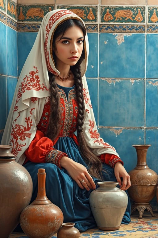 Hyper realism, a beautiful young woman is sitting in a space with Iranian tiling, she has long braided hair and a traditional Iranian dress, a handkerchief with Iranian motifs is tied on her head, she can be seen around jars and old pottery, the woman's big dark eyes are looking around with a waiting look.  does