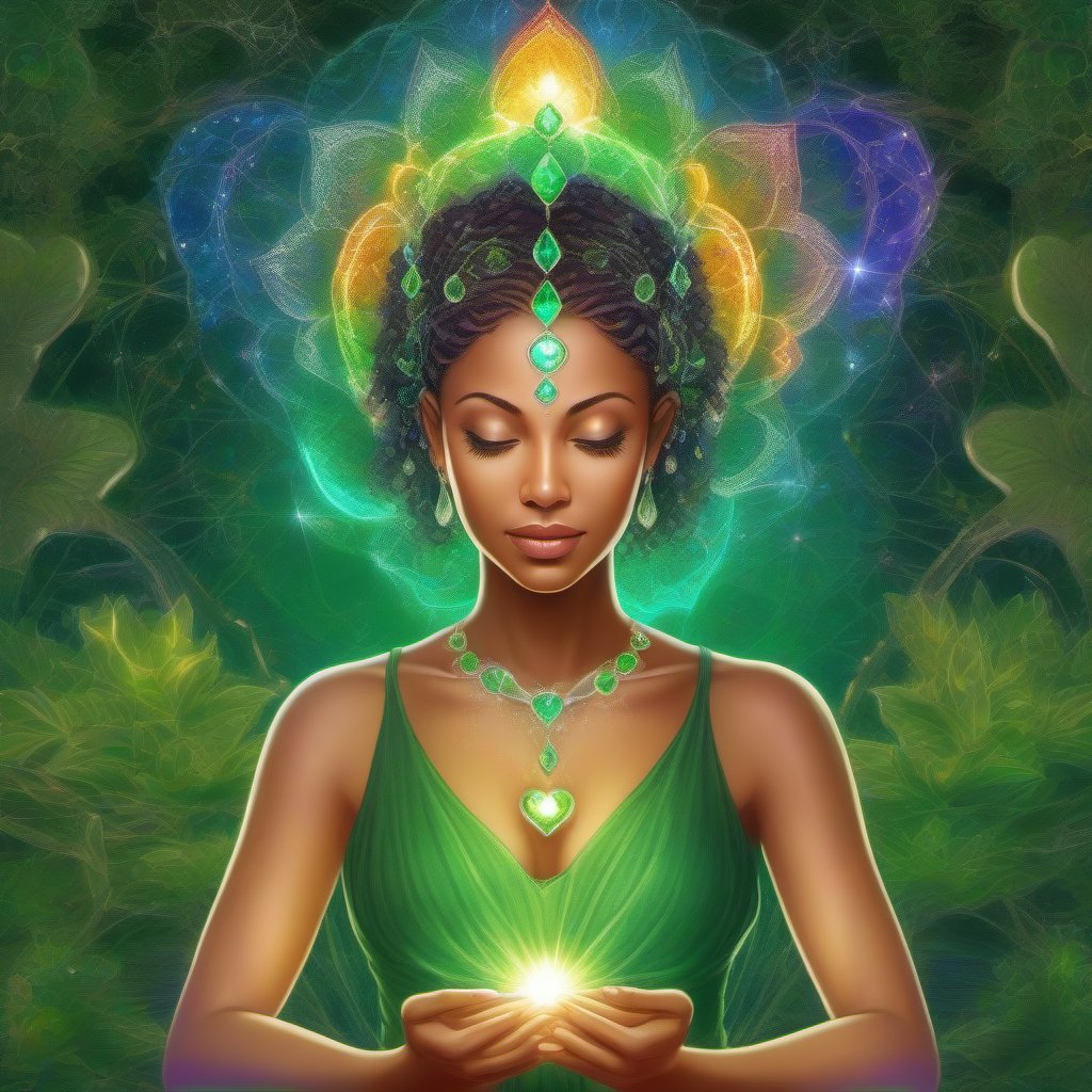 A beautiful young woman sitting in a meditation position, hair of seven colors of the rainbow, inside her chest is an emerald heart chakra full of green crystal light, the lights branching out from the heart chakra crystal around, sitting in the middle of the garden of paradise, a luminous face with big elongated dark eyes