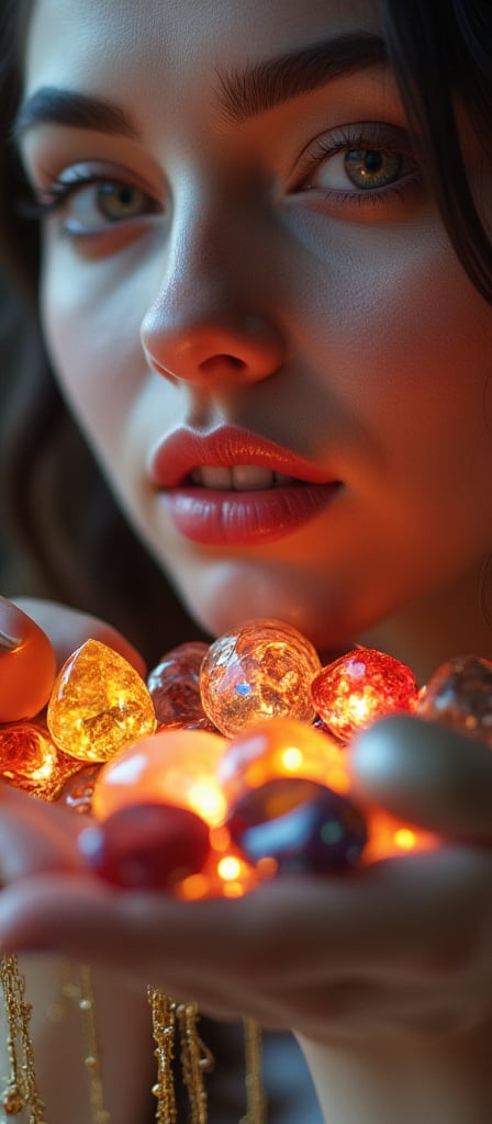 Hyperrealistic close-up of a beautiful young woman's face, she has precious stones, jewels and diamonds in her hand, and she puts them between her teeth, and she has an attractive and sexy face, from the stones in her hand, thin golden chains fall out, colored lights  From the top of the image, it shines on the stones and diamonds