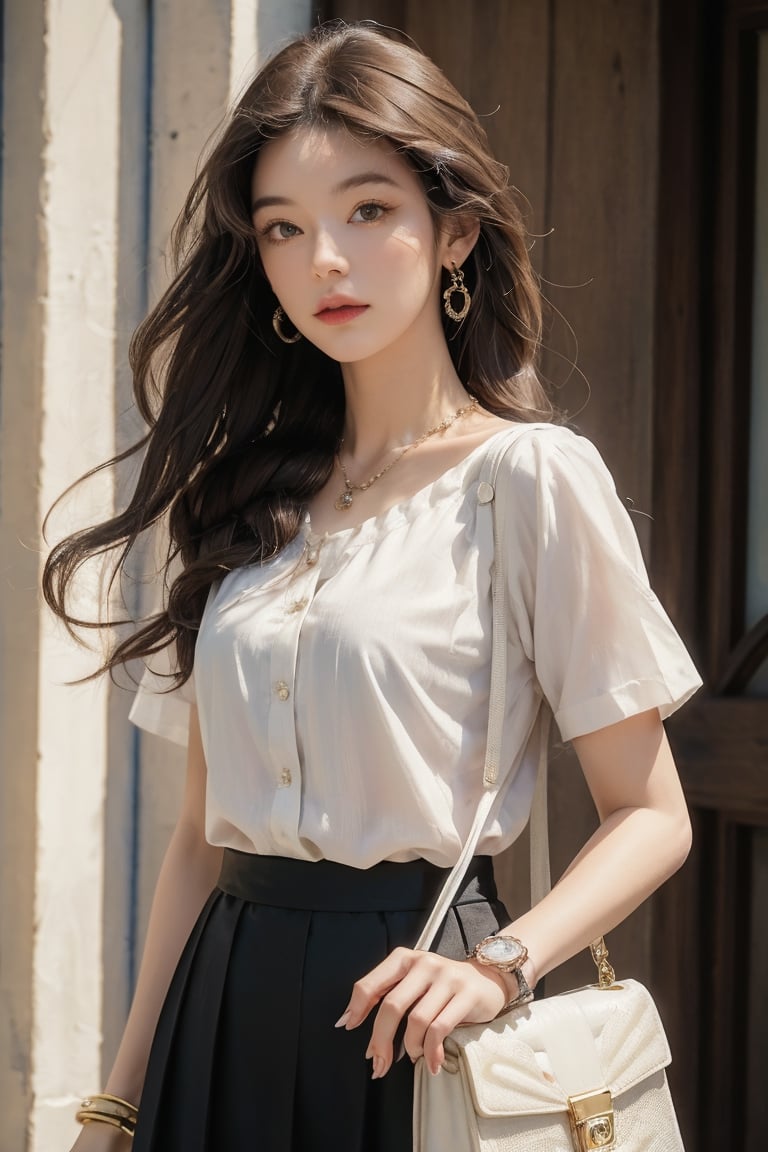 Medium body shot,  ((masterpiece, best quality, ultra detailed, absurdres):1.5) 1girl, solo, long hair, skirt, brown hair, shirt, jewelry, white shirt, short sleeves, necklace, bag, bracelet, see-through, watch, handbag, head out of frame, wristwatch,facing_viewer