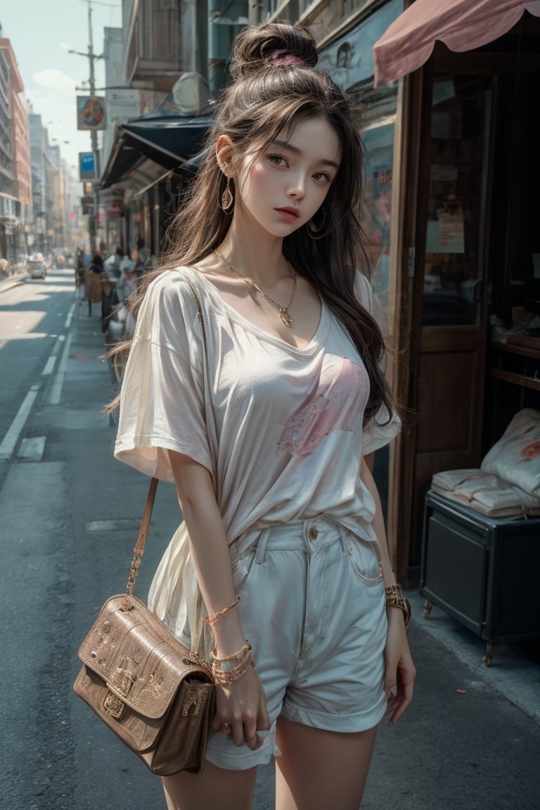 Medium body shot,  ((masterpiece, best quality, ultra detailed, absurdres):1.5) 1girl, solo, long hair, ((bottomless:1.1)), brown hair, (t-shirt, jewelry, pink t-shirt), short sleeves ,necklace, bag, bracelet, watch, handbag, wristwatch,sleepy, standing_up, road, city, traffic