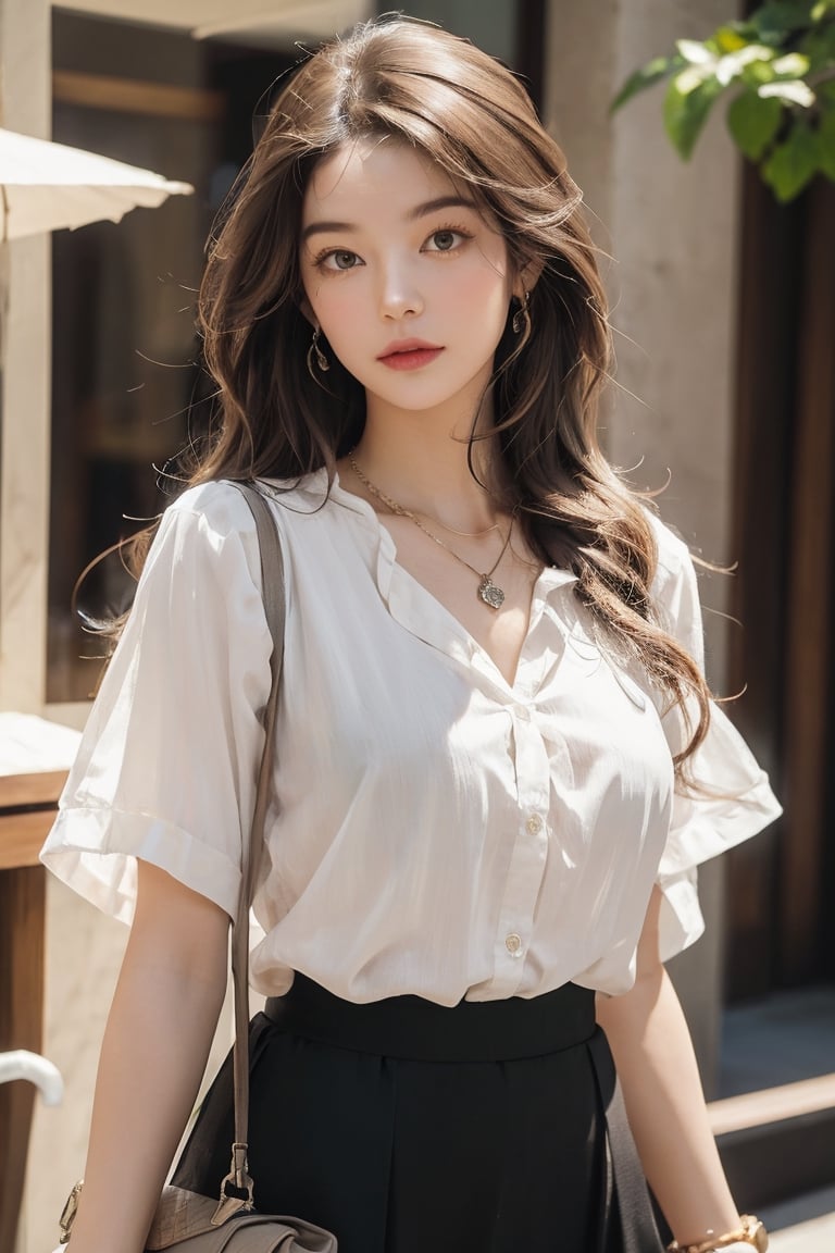 Medium body shot,  ((masterpiece, best quality, ultra detailed, absurdres):1.5) 1girl, solo, long hair, skirt, brown hair, shirt, jewelry, white shirt, short sleeves, necklace, bag, bracelet, see-through, watch, handbag, head out of frame, wristwatch,facing_viewer