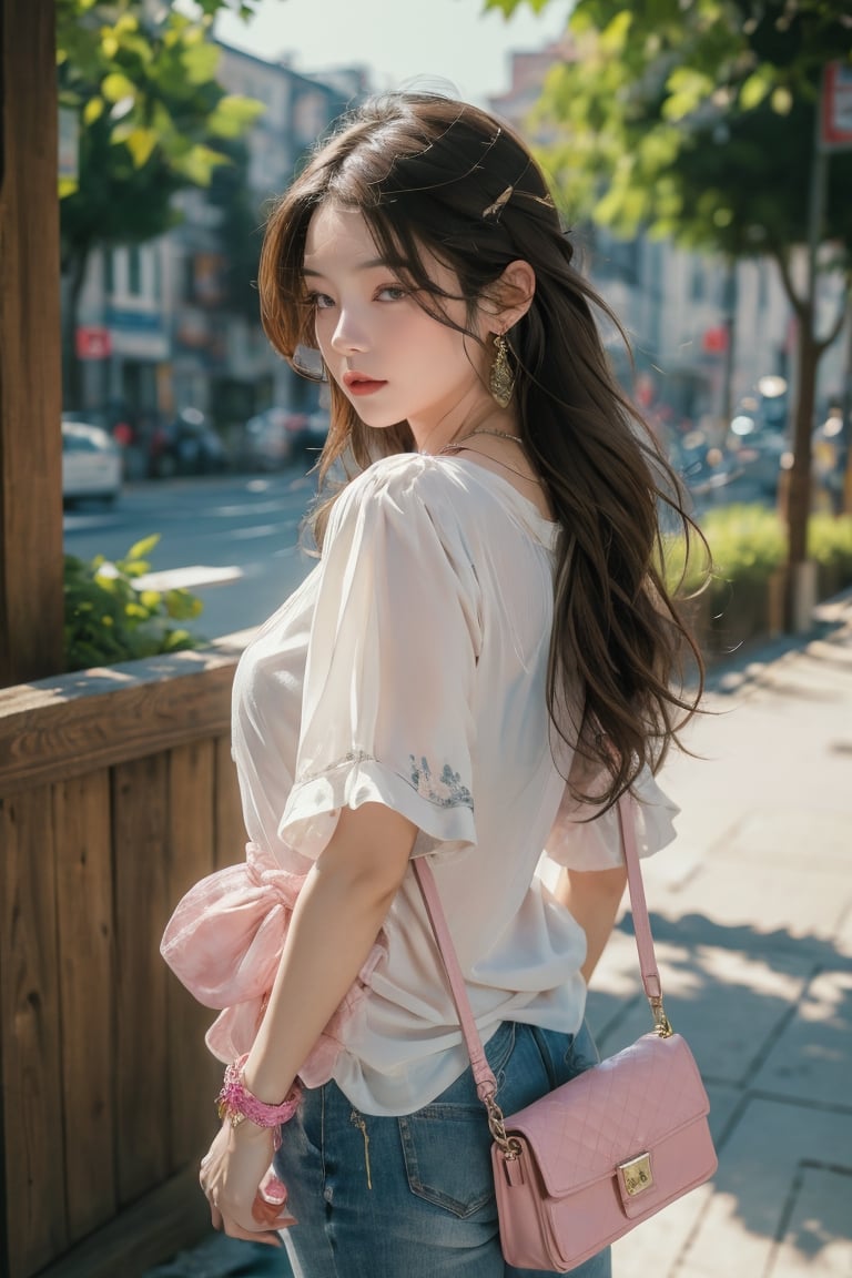 Medium body shot,  ((masterpiece, best quality, ultra detailed, absurdres):1.5) 1girl, solo, long hair, (bottomless), brown hair, (blouse, jewelry, pink blouse), short sleeves ,necklace, bag, bracelet, watch, handbag, wristwatch,sleepy,viewed_from_behind