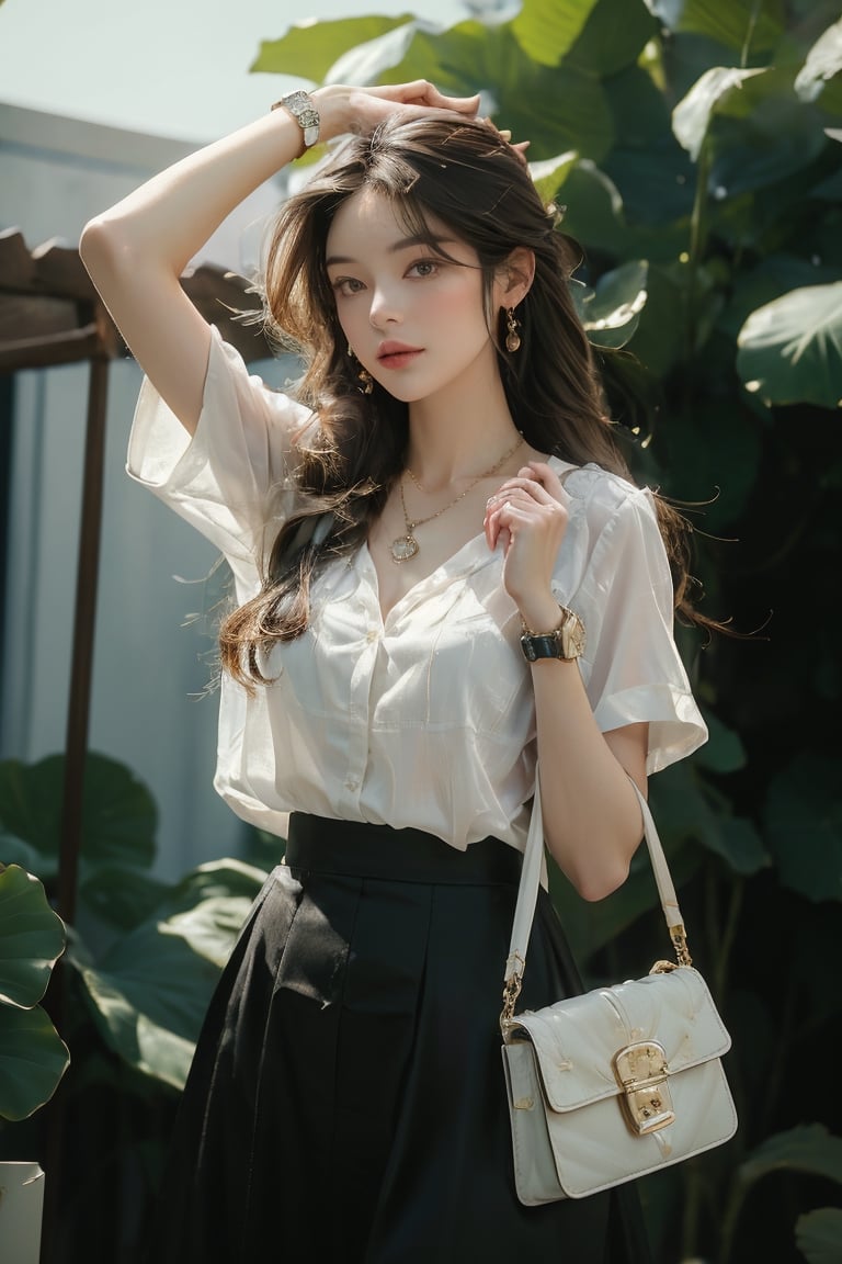 Medium body shot,  ((masterpiece, best quality, ultra detailed, absurdres):1.5) 1girl, solo, long hair, skirt, brown hair, shirt, jewelry, white shirt, short sleeves, necklace, bag, bracelet, see-through, watch, handbag, head out of frame, wristwatch,(arms_up on air)