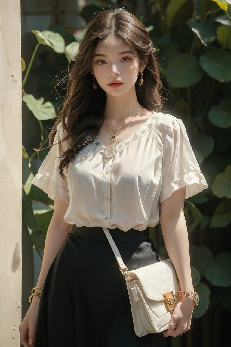 Full body shot,  ((masterpiece, best quality, ultra detailed, absurdres):1.5) 1girl, solo, long hair, skirt, brown hair, shirt, jewelry, white shirt, short sleeves, necklace, bag, bracelet, see-through, watch, handbag, head out of frame, wristwatch