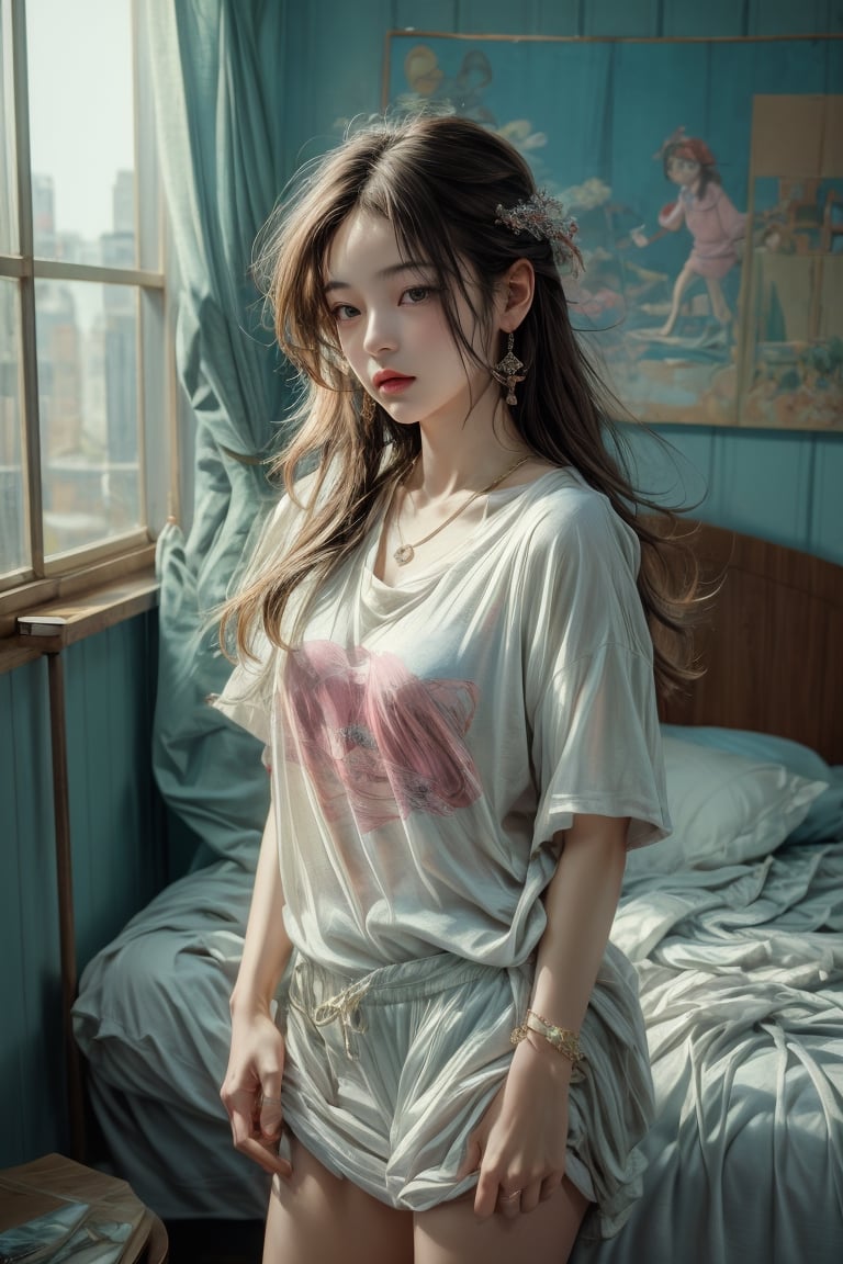 Medium body shot,  ((masterpiece, best quality, ultra detailed, absurdres):1.5) 1girl, solo, long hair, ((bottomless:1.1)), brown hair, (t-shirt, jewelry, pink t-shirt), short sleeves ,necklace,sleepy, standing_up, bed