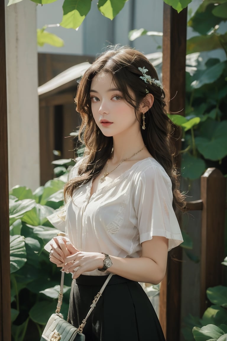 Medium body shot,  ((masterpiece, best quality, ultra detailed, absurdres):1.5) 1girl, solo, long hair, skirt, brown hair, shirt, jewelry, white shirt, short sleeves, necklace, bag, bracelet, see-through, watch, handbag, head out of frame, wristwatch,arms_crossed