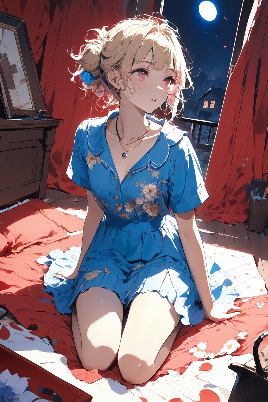 ((masterpiece, best quality, ultra detailed, absurdres):1.5) 1girl, solo, messy bun,((bottomless:1.1)), blonde hair, (pink House dress, jewelry, flowers pattern shirt,v neck), (short sleeves:1.3),necklace,posing,firefliesfireflies,Detailedface,sleepy ,pov_eye_contact,on_one_leg, hypnotized, empty_eyes,