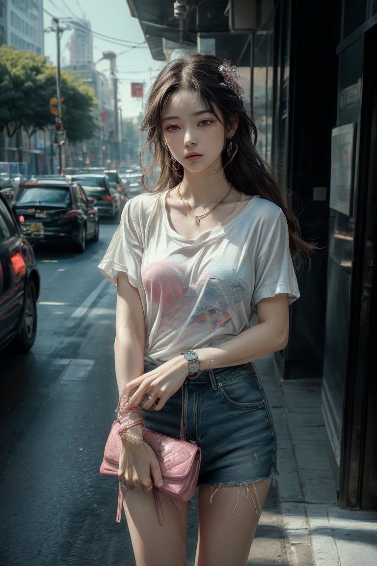 Medium body shot,  ((masterpiece, best quality, ultra detailed, absurdres):1.5) 1girl, solo, long hair, ((bottomless:1.1)), brown hair, (t-shirt, jewelry, pink t-shirt), short sleeves ,necklace, bag, bracelet, watch, handbag, wristwatch,sleepy, standing_up, road, city, traffic