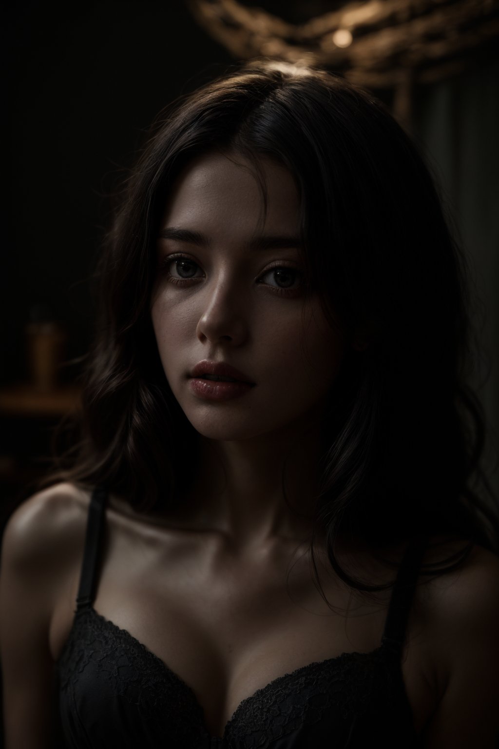 (masterpiece:1.2) (best quality:1.2) (detailed) (intricate) (8k) (HDR) (cinematic lighting) (sharp focus), ,Detailedface, 1girl, long black hair, portrait, (night:2), long hair, bra