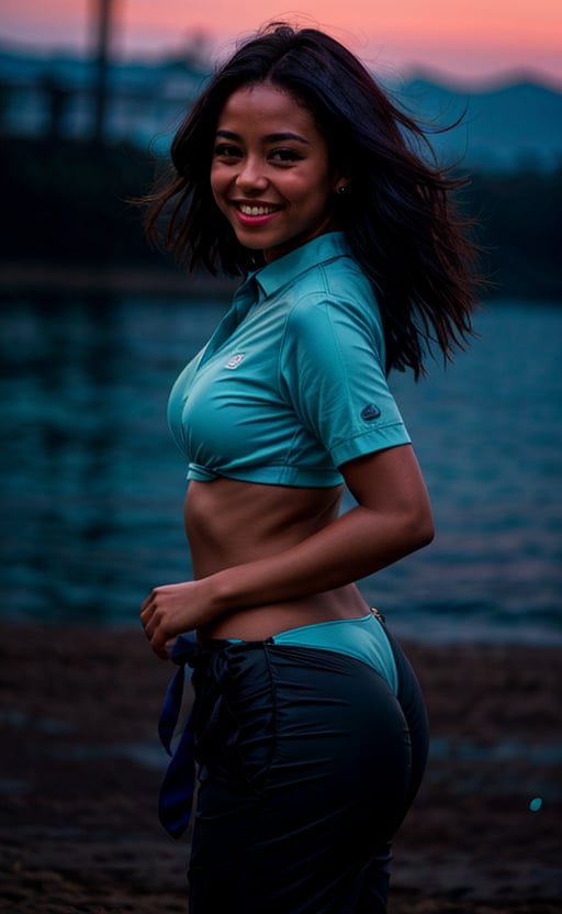 (masterpiece, professional 8k ,photorealic photograph), low  camera field view, full portrait of a stunning  black woman, light  skinned chocolate colour , black  hair  ,lovely face, realisic , thick thighs,   detailed dark background, wearing a light blue bikini and a  ragged trousers,smiling with a unique smile,very smooth face, medium saturation,sharp image,high_school_girl,	 SILHOUETTE LIGHT PARTICLES