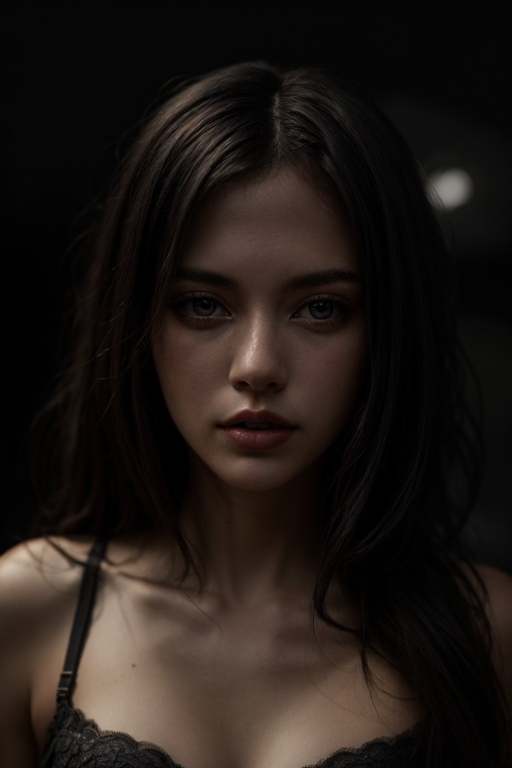 (masterpiece:1.2) (best quality:1.2) (detailed) (intricate) (8k) (HDR) (cinematic lighting) (sharp focus), ,Detailedface, 1girl, long black hair, portrait, (night:2), long hair, bra