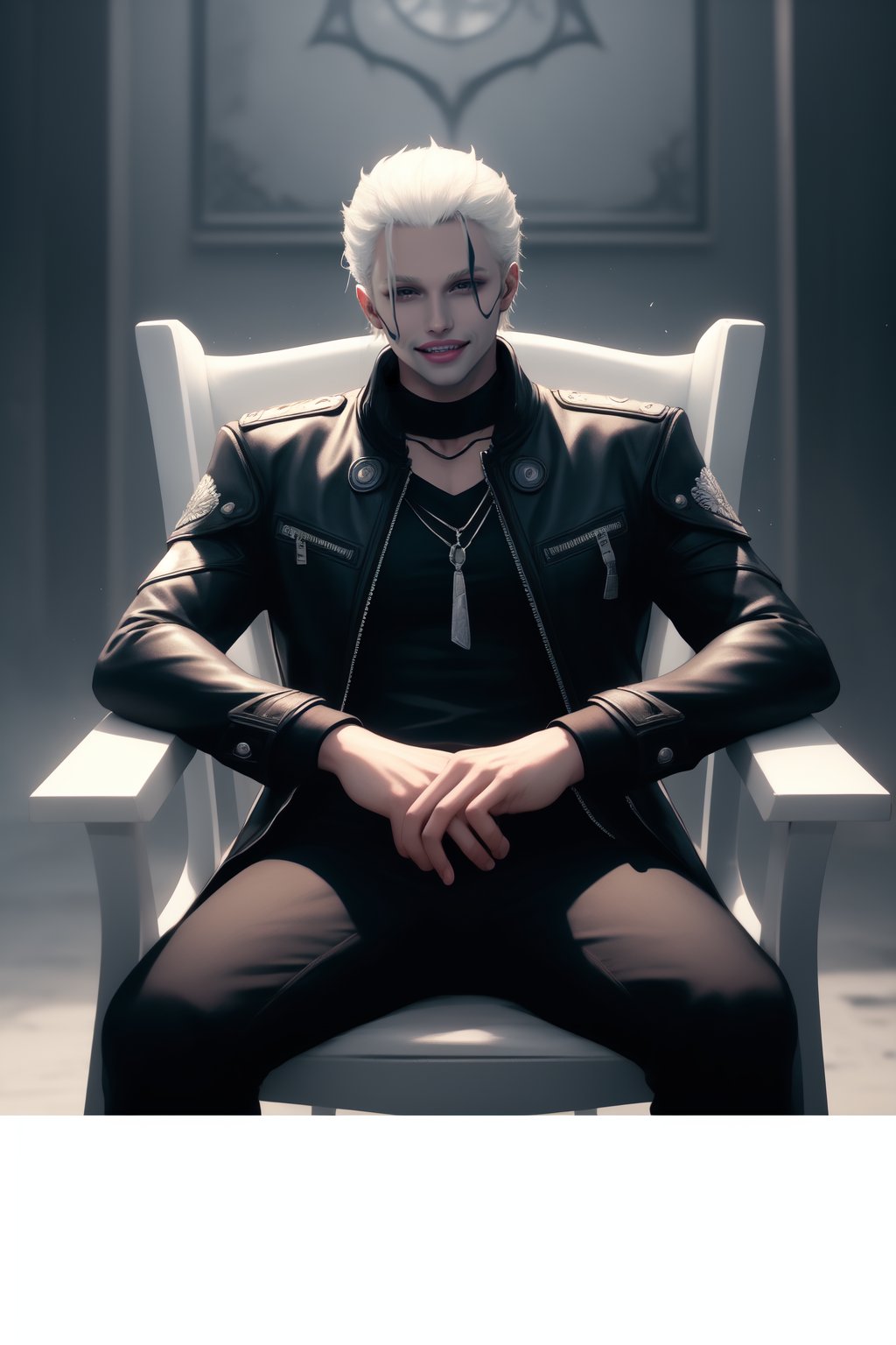 vergil from devil may cry 5, intimidating, looking at viewer, expression of rage, highly detailed, holding a white chair