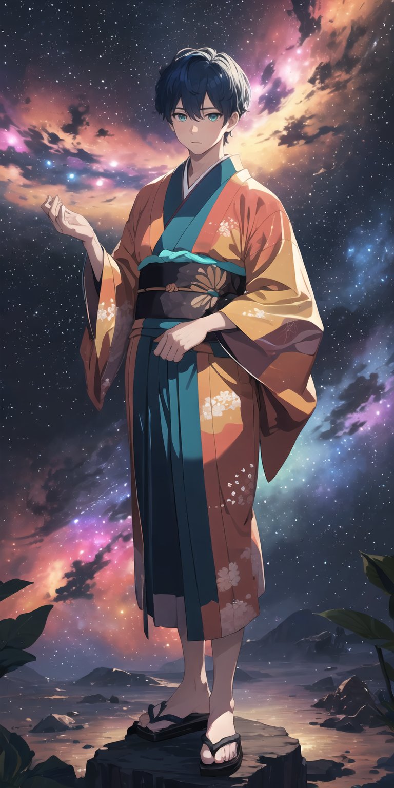 (best quality, masterpiece), 1boy, looking at a galaxy, nature night background, half body, with techrware kimono, turquoise hair

