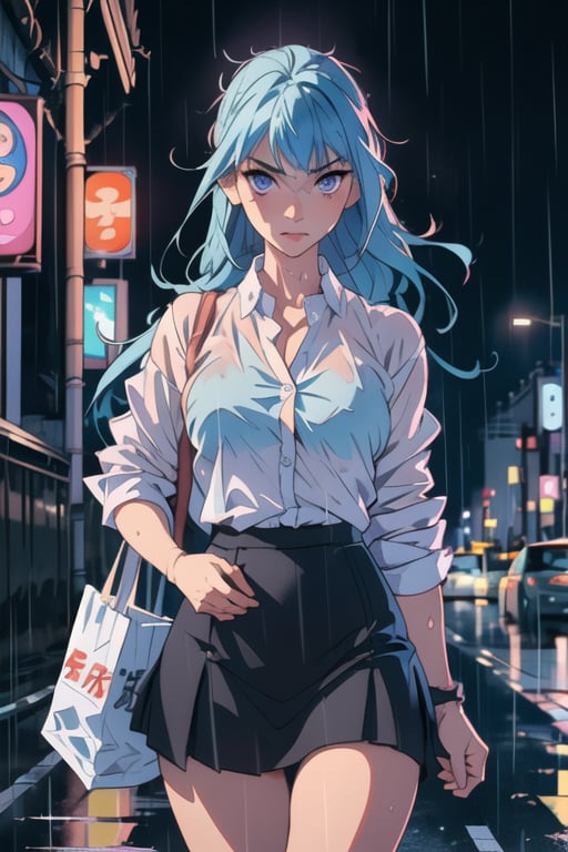 (mysterious:1.3), ultra-realistic,, a girl sexy, shy look, while holding her breasts, tokyo background, long light blue hair, violet eyes, half body, rainy weather, body and wet clothes, transparent shirt white close to the body,  black skirt, hands behind the back, with grocery bag,m4d4m