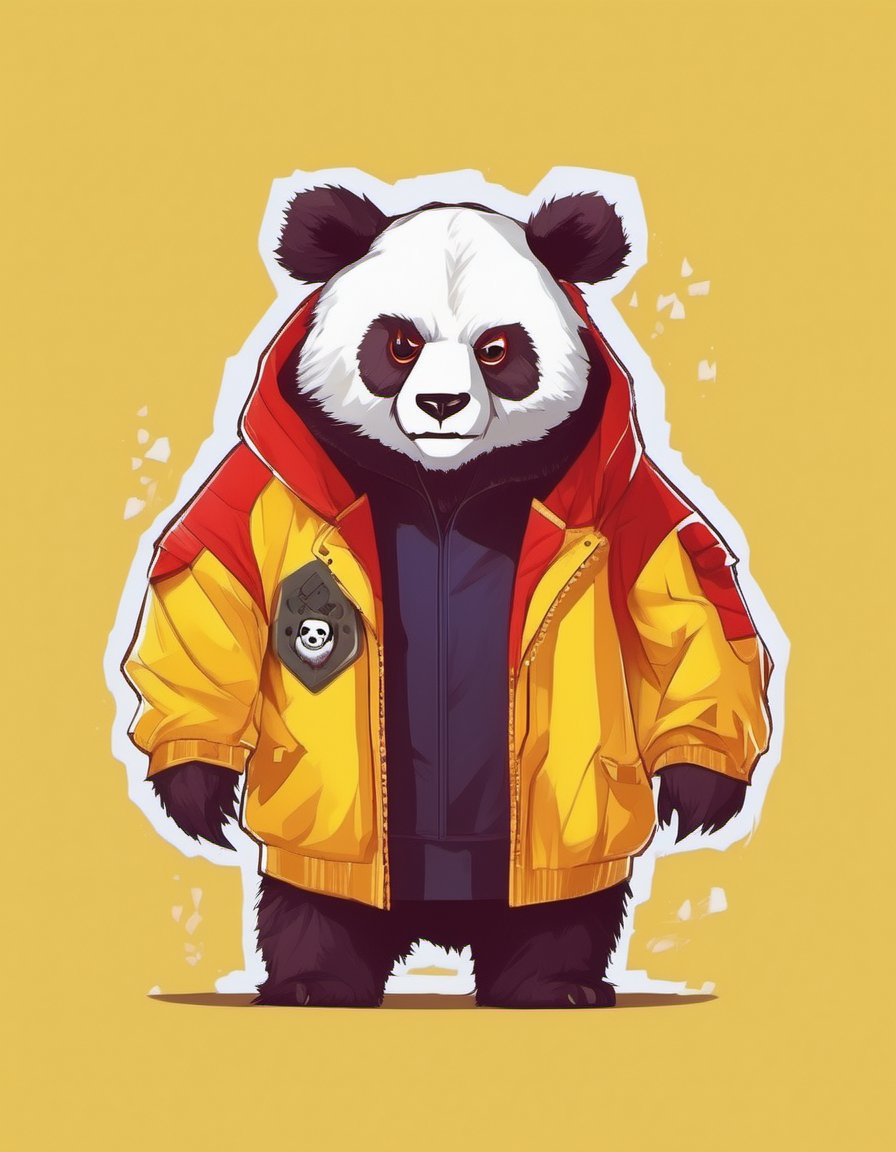 Leonardo Style, illustration, bear, 1boy, head only, jacket yellow, panda, male focus, red eyes, solo, furry, style logo gamer ,oni style