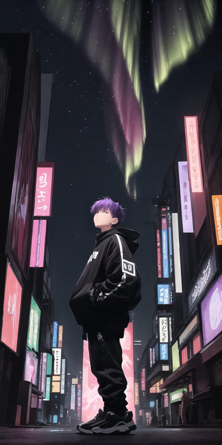 (best quality, masterpiece), 1boy, watching aurora borealis, neo tokyo background, half body, with streetwear urban , purple hair

