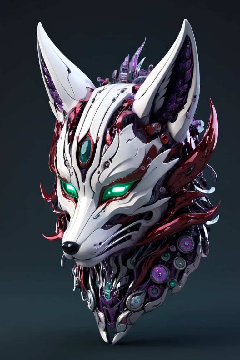 a bio mechanical cyborg mask fox white, only face, a broken ear, subsurface scattering, bloom, green and red liquid, tube, 3d style,cyborg style,Movie Still,Leonardo Style,oni style, illustration, wrapped in purple fire, eyes turquoise