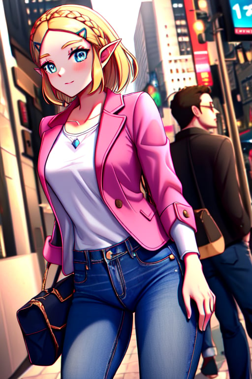 modern city, pink Jacket, jeans, iphone,princess zelda