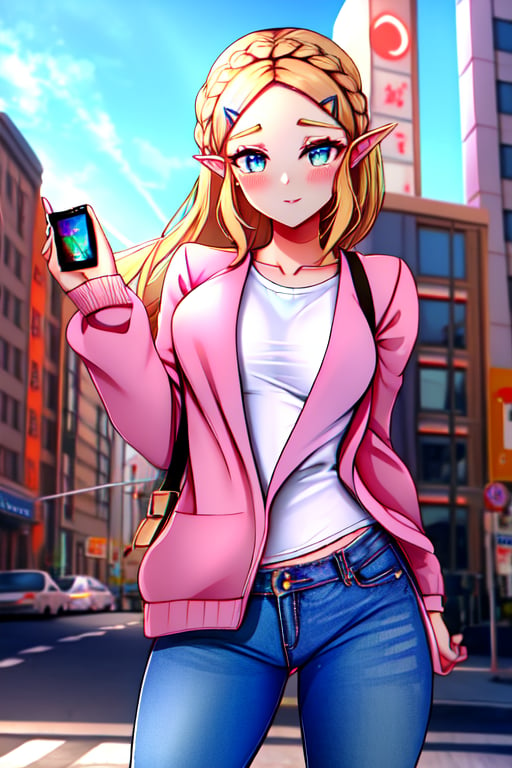 modern city, pink Jacket, jeans, iphone,princess zelda