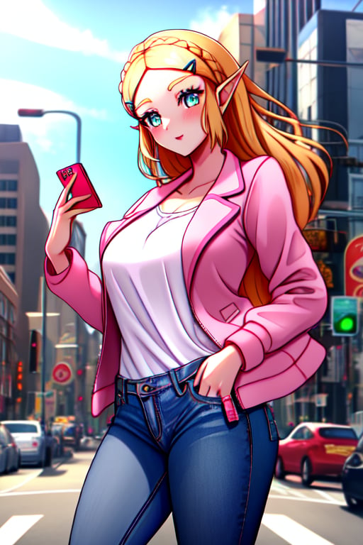 modern city, pink Jacket, jeans, iphone,princess zelda