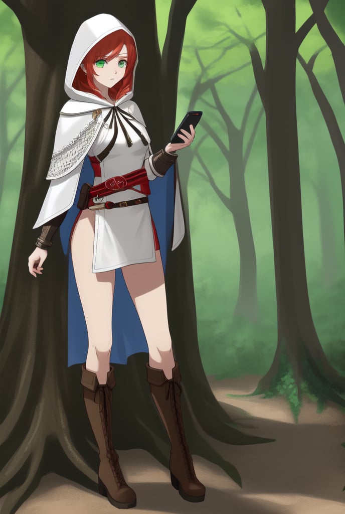 full body shot, A beautiful young woman with an athletic body. She is holding a cell phone and tripode. Wearing a hood like assasins creed, and white cape. She is naked under the cape, with knee high leather boots and narrow waist. in a wooded grove. She has red hair and green eyes.