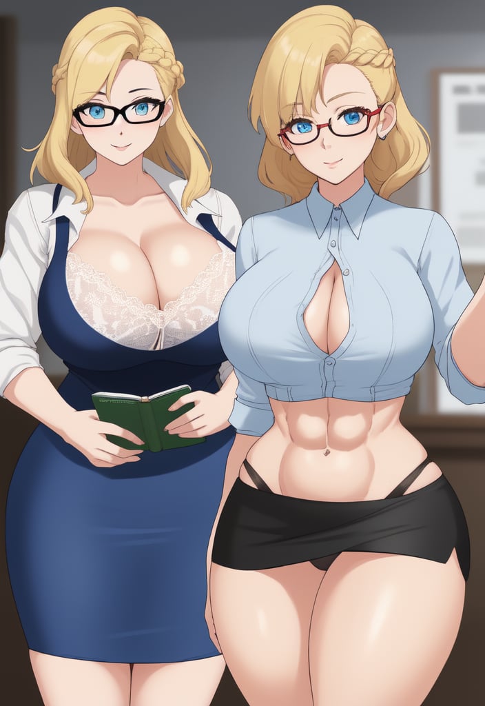 a beutiful female with blonde hair in a french braid. middle aged appearance. Althetic and toned body, with big breasts, narrow waist and wide hips. Wearing white blouse showing cleavage and blue short pencil skirt as a nerdy librarian with glasses. Her lace thong showing above her skirt