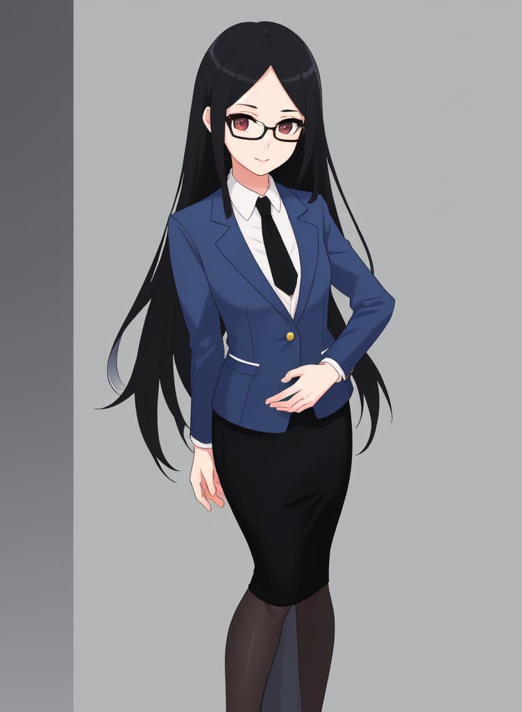 for a visual novel character, full standing image. A pretty asian woman dressed in a dark blue blazer and pencil skirt. She has a white blouse. Long straight black hair, middle aged face with a small pair of glasses. Slender athletic build.