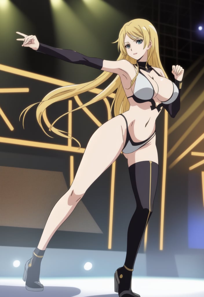 a beutiful female with long blonde hairm middle aged appearance. Large breasts, narrow waist and wide hips. Anime in the style of destiny child video game. Pose dancing on stage