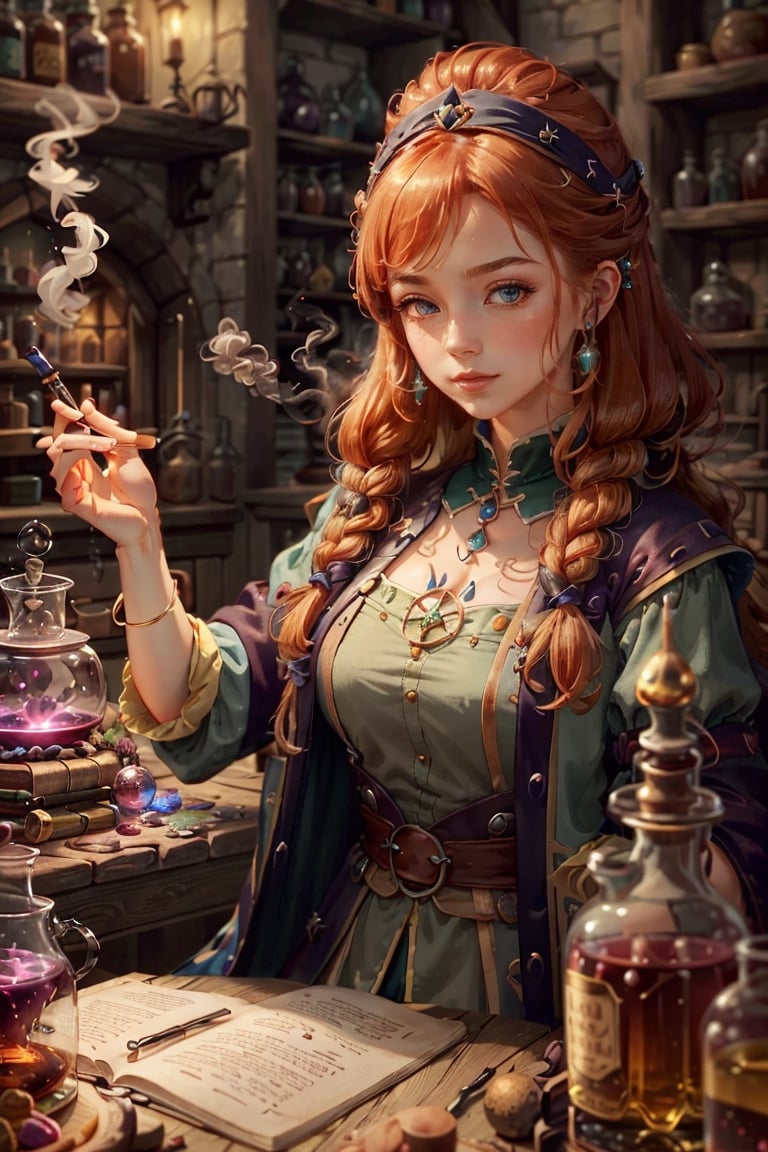 (masterpiece,best quality:1.2),Extremely detailed really cute young ginger woman potion mistress, magic, lots of colorful potions, glowy smoke, tetradic colors, bubly, detailed alchemist room, jrpg, cartoonish vector, volumetric lights, very detailed potions and alchemy laboratory scenery, colorful, dynamic, visually rich, whimsical, fairy tale,