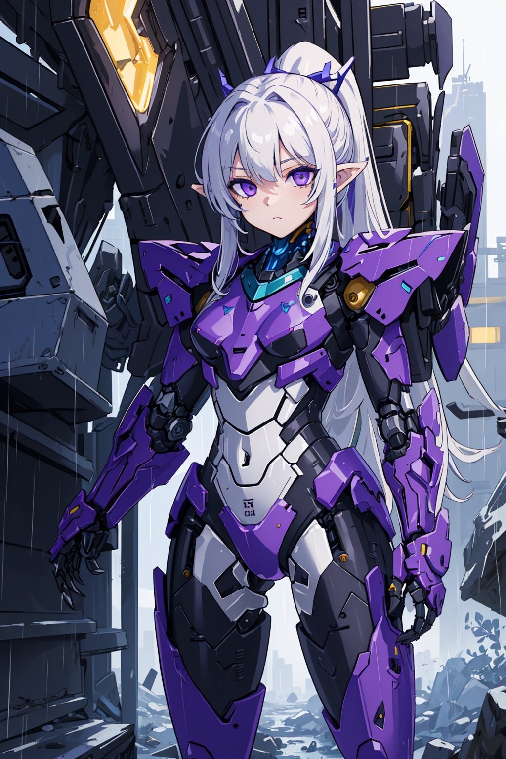 (masterpiece, best quality, 4k, 2k, (intricate:1.1), (high detail:1.2)), absurdres, rain, nebula, cityscape, shallow focus, 
1girl, solo, white hair, very long hair, ponytail, ((purple eyes, detailed eyes)), pointy ears, mecha musume, mechanical parts, (robot joints), android, mechanical body, mechanical legs, prosthetic leg, cowboy shot, claws, talons, standing, pensive, mechangel, beautifulDetailedEyes_v10:1, hairdetailer:0.8, add_detail:0.5, mechaangelv2-noise:0.6
,mecha musume