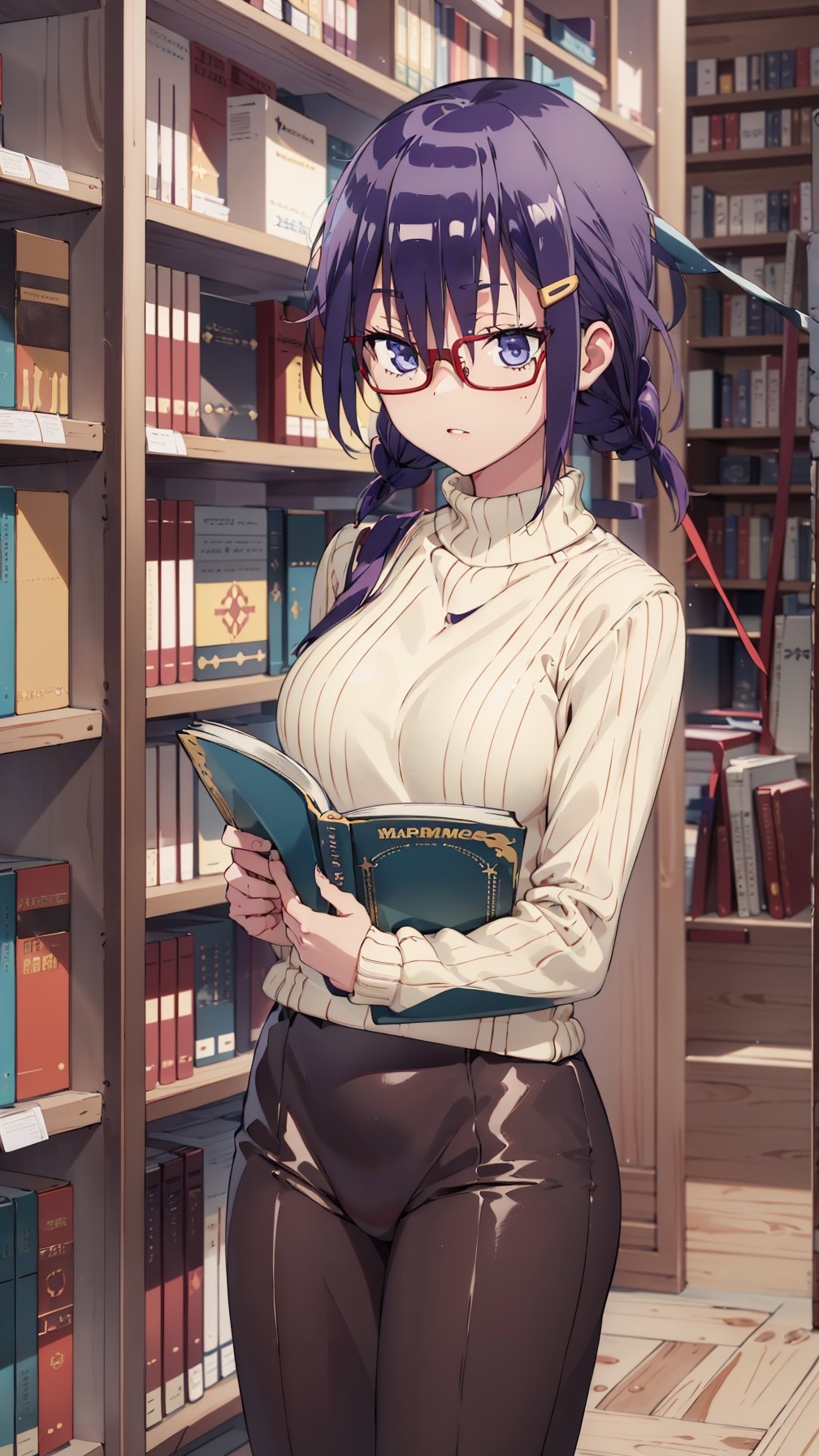 one beautiful girl,{masutepiece}, ((Best Quality)), hight resolution, {{Ultra-detailed}}, {extremely details CG}, {8k wall paper},kawaii,anime, Library Ladder, Climbing to reach a top-shelf book, Evening, Books of various sizes surrounding her, Vertical view of the tall bookshelf, Warm overhead lighting, Focus on her curiosity, Leather and paper Texture, Knowledge-seeking Mood, Wearing glasses and a sweater, Hair in a loose bun.,kominami asumi